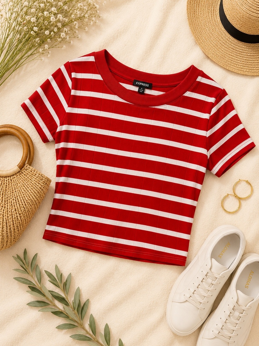 Vintage Red & White Striped Crop Top | Nautical Retro Tee | Size M